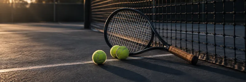 A tennis racket and balls beside a court net
